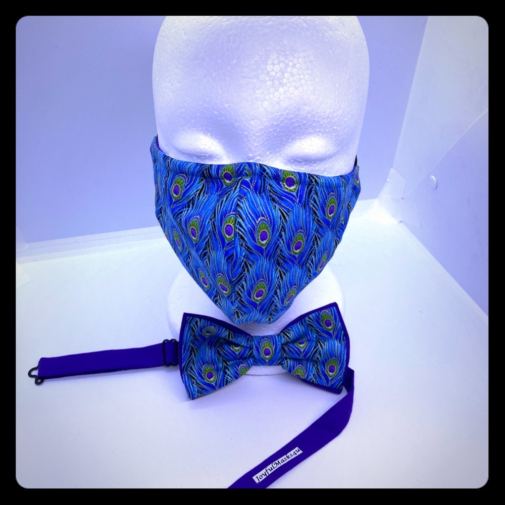 Peacock face mask and matching bow tie